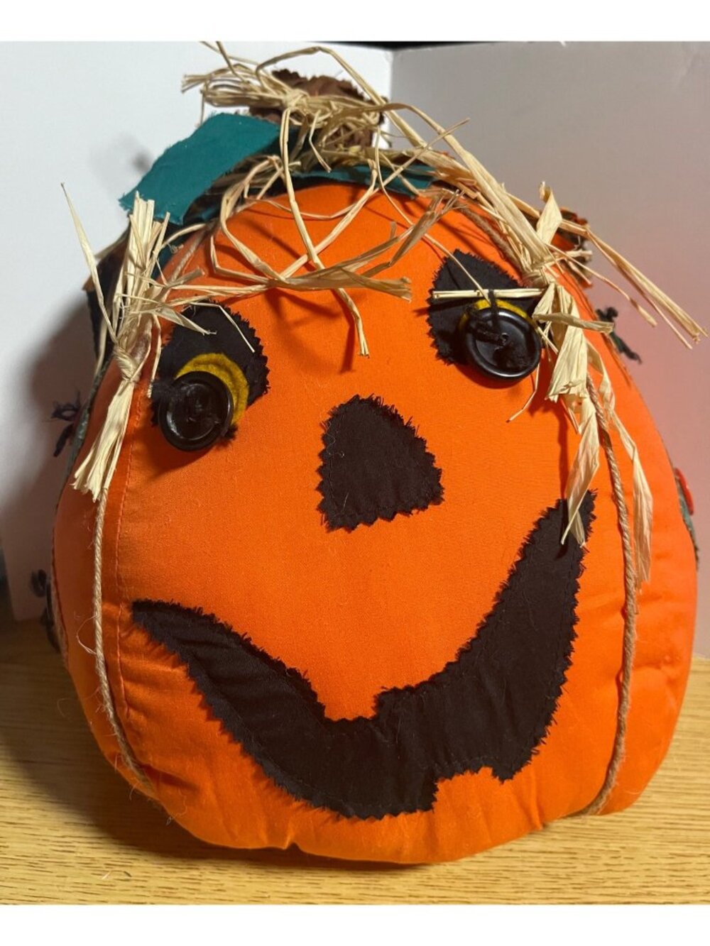 Fabric Pumpkin Scarecrow Fall Décor Button Eyes & Straw Details Patchwork VTG80s